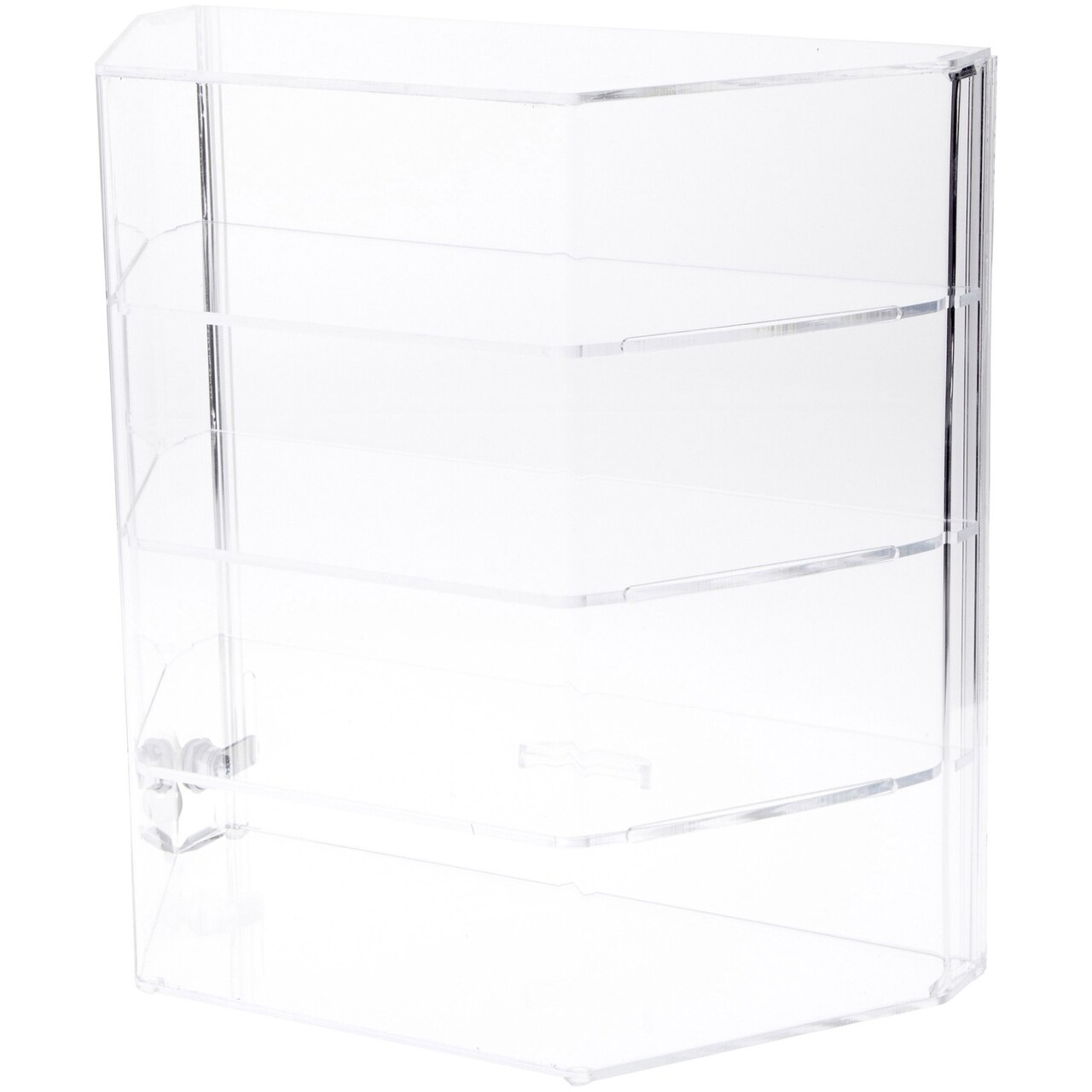 Plymor Clear Acrylic Locking Display Case with Angled Sides and Sliding Back, 3 Shelves